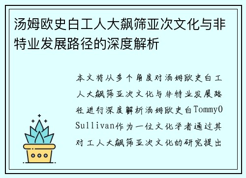 汤姆欧史白工人大飙筛亚次文化与非特业发展路径的深度解析