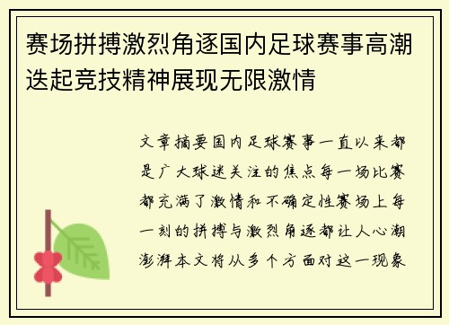 赛场拼搏激烈角逐国内足球赛事高潮迭起竞技精神展现无限激情