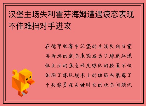 汉堡主场失利霍芬海姆遭遇疲态表现不佳难挡对手进攻 汉堡主场失利霍芬海姆遭遇疲态表现不佳难挡对手进攻